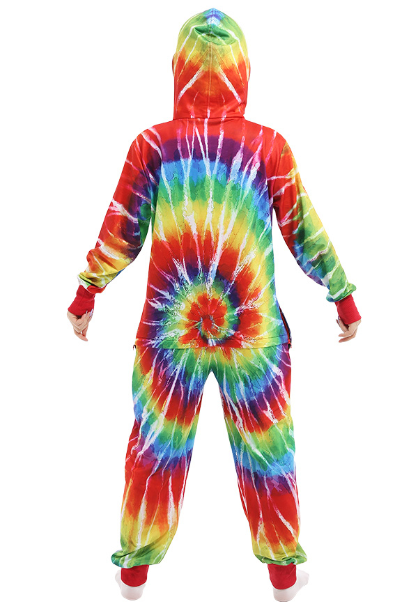 Regenbogen Batik Jumpsuit mit Kapuzen Pyjamas Onesie Homewear Kigurumi Overall Lange Arm Kostüm