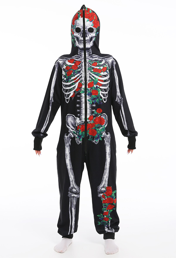 Women Black and White Rose Human Skeleton Skull Onesie Long Sleeve Hooded Sleepwear Cosplay Costume Outfits