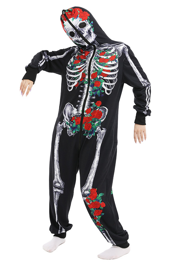 Women Black and White Rose Human Skeleton Skull Onesie Long Sleeve Hooded Sleepwear Cosplay Costume Outfits