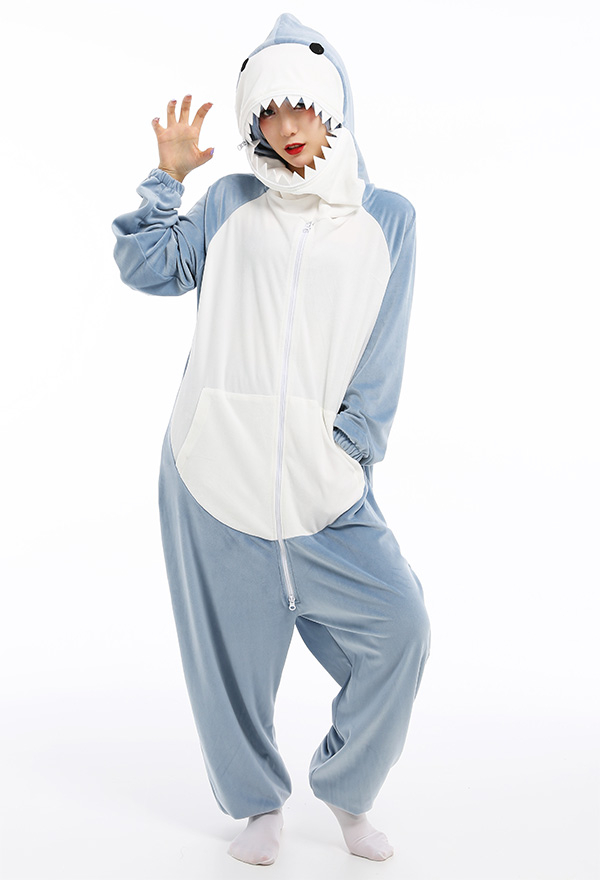 Kawaii Hai Blau Damen Overall mit Kapuzen Pyjamas Onesie Homewear Kigurumi Jumpsuit Kostüm