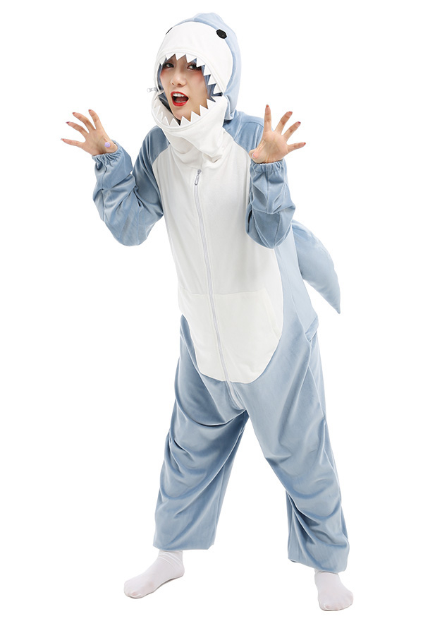 Kawaii Hai Blau Damen Overall mit Kapuzen Pyjamas Onesie Homewear Kigurumi Jumpsuit Kostüm