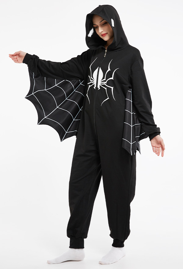 Combinaison Halloween Pyjama Une Pièce Style Chauve-souris Vêtement de Nuit à Manches Longues avec Impressions de Araignée