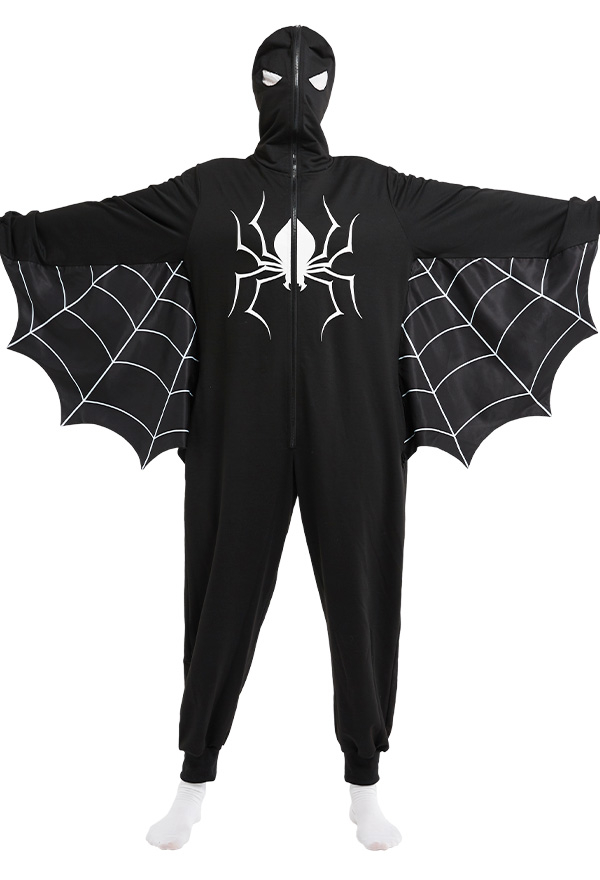 Halloween Women Spider Net Batwing Sleeve Homewear Onesie Pajama Adult Kigurumi Hooded Loungewear Costume Outfits