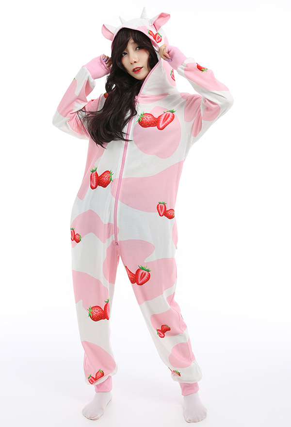 Women Sweet Strawberry Milk Cow Moo Moo Pattern Decorated Onesie Pajamas Hooded Long Sleeve Home Wear Pajama Kigurumi Cosplay Costume