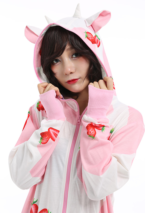 Damen Kawaii Pink Erdbeere Kuhmuster Overall mit Kapuzen Pyjamas Lange Arm Jumpsuit Kostüm Cosplay Halloween Anzug