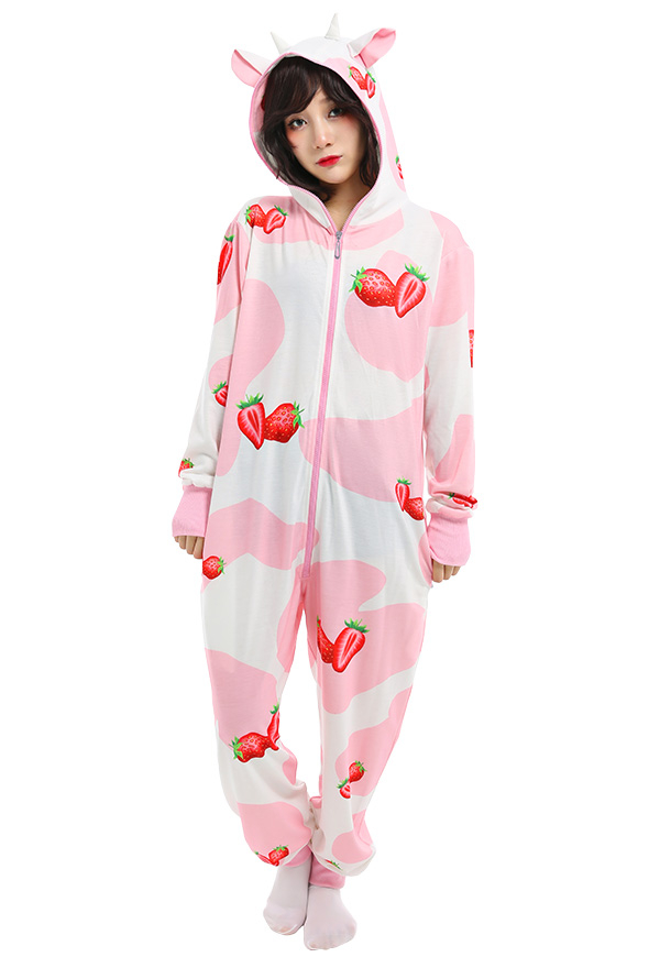 Damen Kawaii Pink Erdbeere Kuhmuster Overall mit Kapuzen Pyjamas Lange Arm Jumpsuit Kostüm Cosplay Halloween Anzug