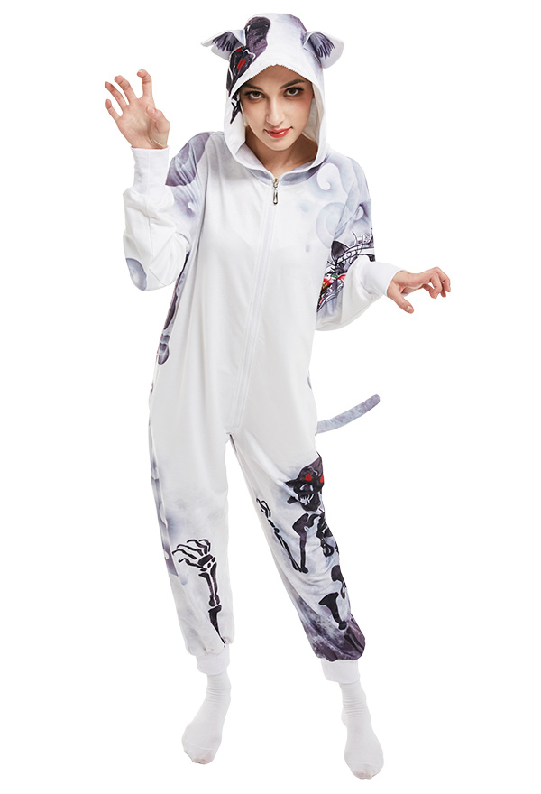 Halloween Women Cool Tattoo Cat Skull Pattern Onesie Pajama Adult Homewear  Kigurumi Hooded Loungewear Costume Outfits