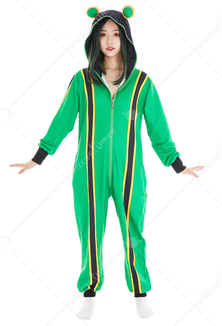 Tsuyu Asui Froppy Onesie Overall mit Kapuzen Pyjamas Homewear Kigurumi Lange Arm Jumpsuit Kostüm Cosplay Halloween Anzug