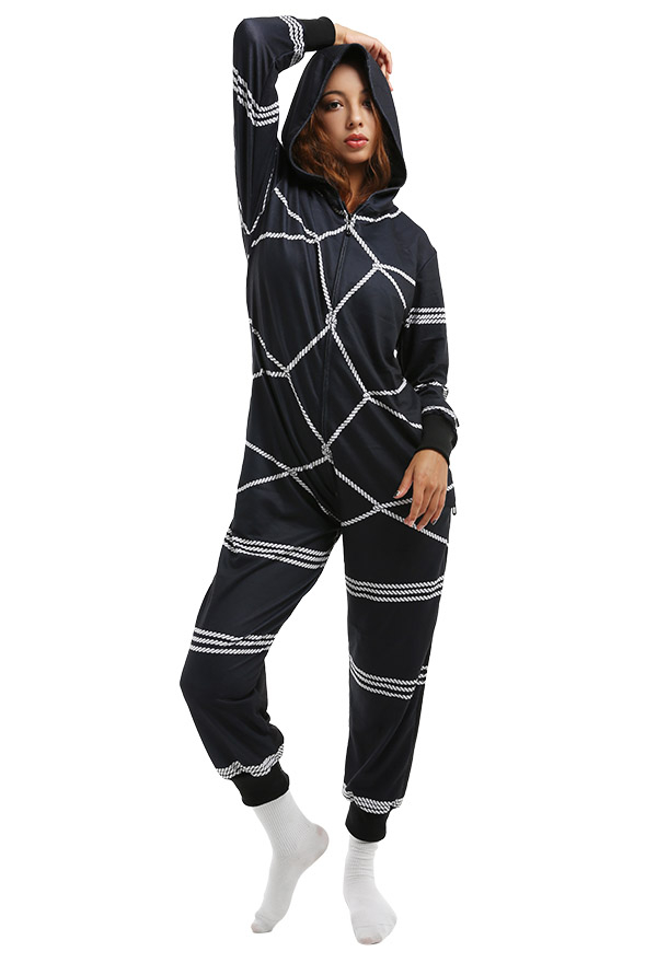 Gebunden Muster Overall mit Kapuzen Pyjamas Onesie Homewear Kigurumi Jumpsuit Kostüm Halloween Anzug