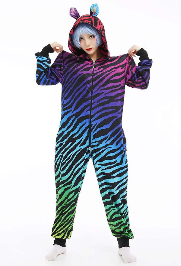 Colorful Zebra-Stripe Decorated Jumpsuit Onesie One Piece Cosplay Costume Women Hooded Long Sleeve Pajama Kigurumi Outfits