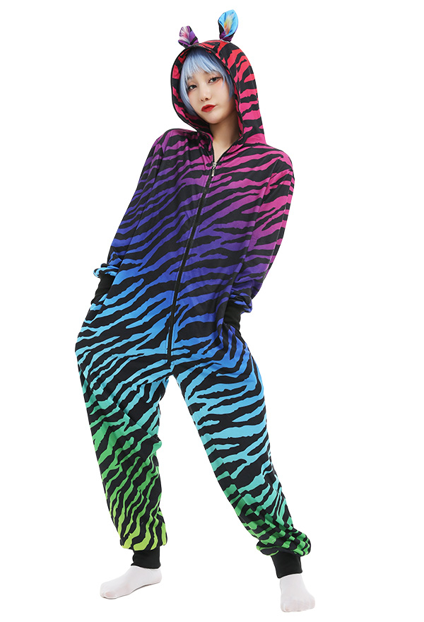 Colorful Zebra-Stripe Decorated Jumpsuit Onesie One Piece Cosplay Costume Women Hooded Long Sleeve Pajama Kigurumi Outfits