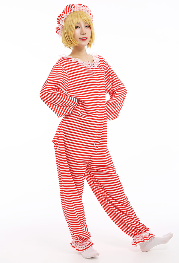 Retro Streifen Overall mit Kapuzen Pyjamas Lange Arm Jumpsuit Onesie Homewear Kigurumi Kostüm