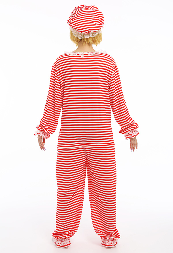 Retro Streifen Overall mit Kapuzen Pyjamas Lange Arm Jumpsuit Onesie Homewear Kigurumi Kostüm