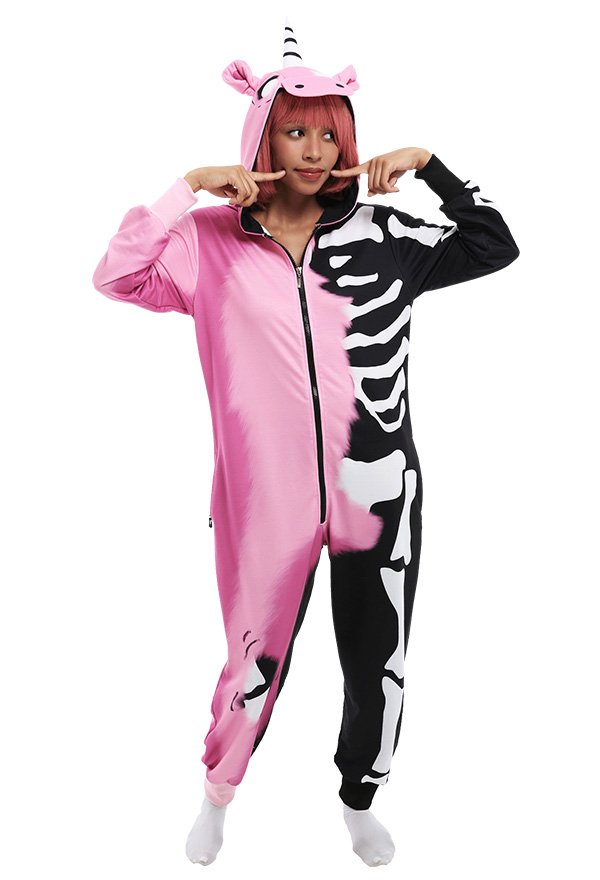 Damen Cartoon Einhorn Erwachsene Onesie Overall mit Kapuzen Homewear Kigurumi Pyjamas Lange Arm Jumpsuit Kostüm Cosplay Halloween Anzug