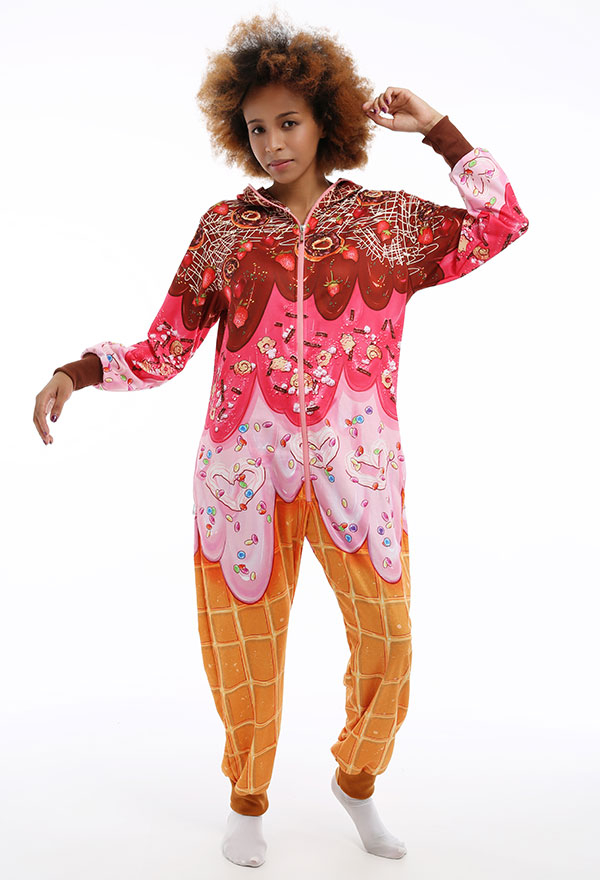 Damen Erwachsene Eistüte Overall mit Kapuzen Pyjamas Onesie Homewear Kigurumi Jumpsuit Kostüm