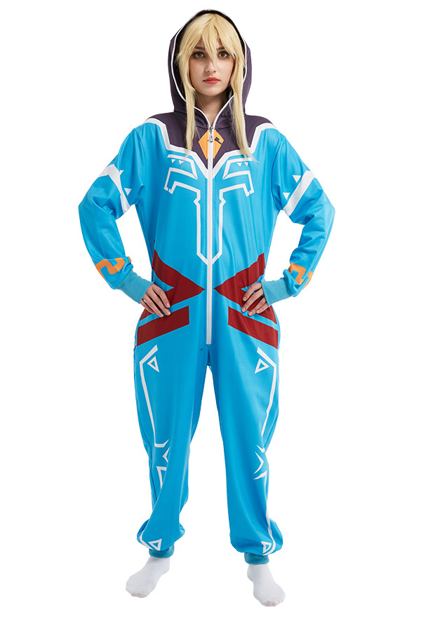 Women Link Blue Pattern Homewear Onesie Pajama Adult Kigurumi Hooded Loungewear Costume Outfits