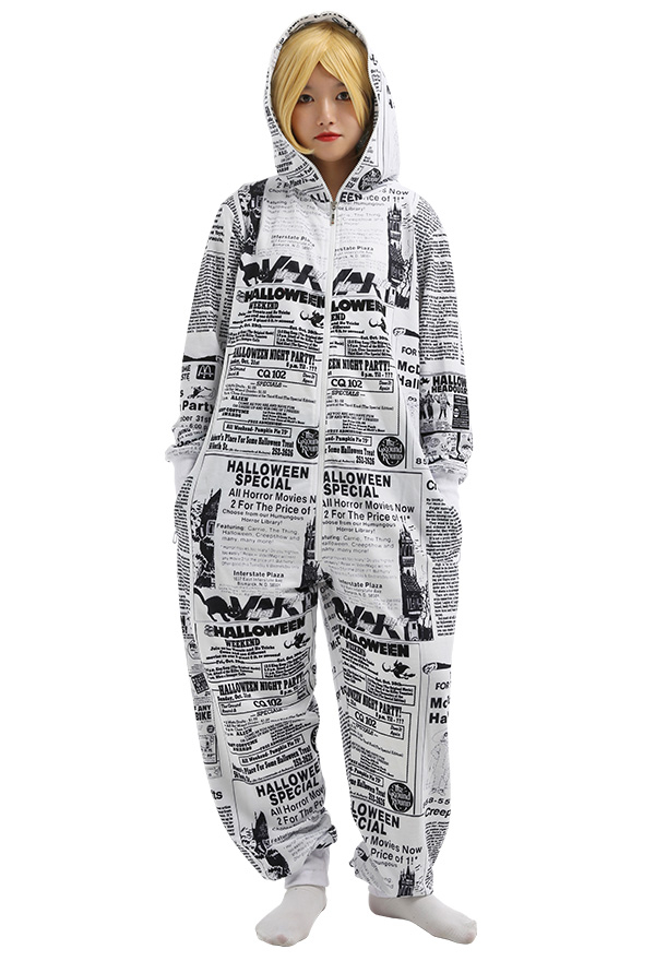 Zeitung Muster Onesie Overall mit Kapuzen Homewear Kigurumi Pyjamas Lange Arm Jumpsuit Kostüm Cosplay Halloween Anzug