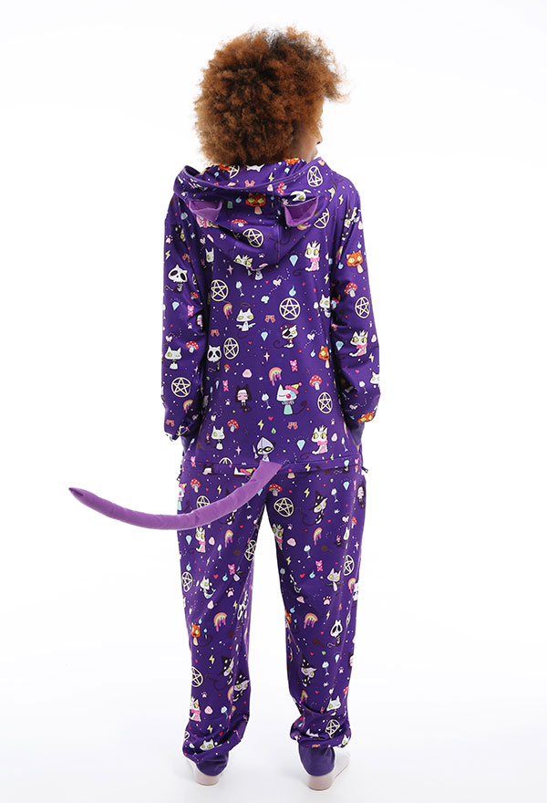 Combinaison Halloween Pyjama Une Pièce Vêtement de Nuit à Manches Longues Violet avec Impressions de Chat