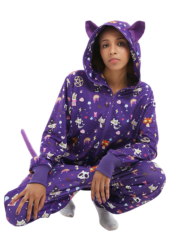 Combinaison Halloween Pyjama Une Pièce Vêtement de Nuit à Manches Longues Violet avec Impressions de Chat