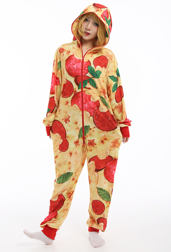 Cartoon Cute Pizza Pattern Pajamas One-Piece Onesie Long Sleeve Hooded Sleepwear Cosplay Costume Outfits