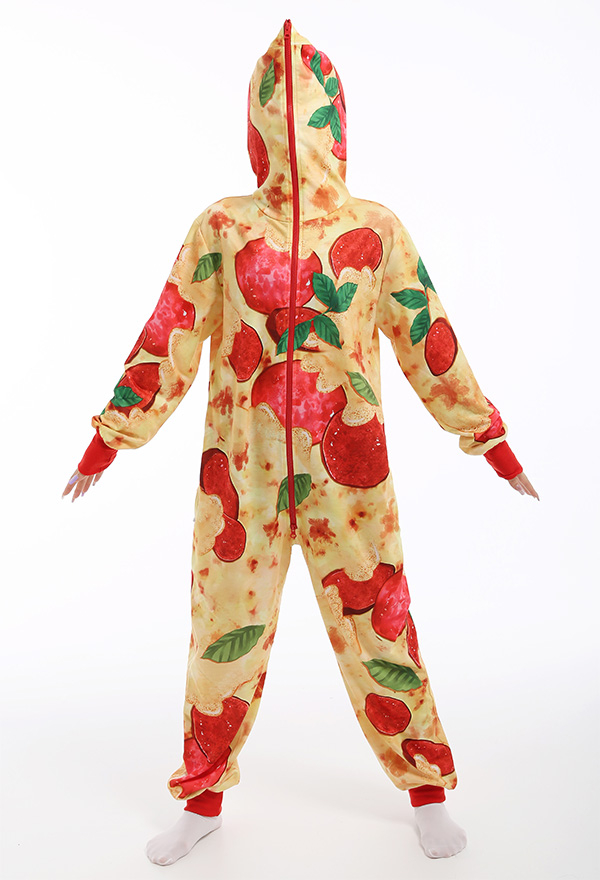 Cartoon Cute Pizza Pattern Pajamas One-Piece Onesie Long Sleeve Hooded Sleepwear Cosplay Costume Outfits