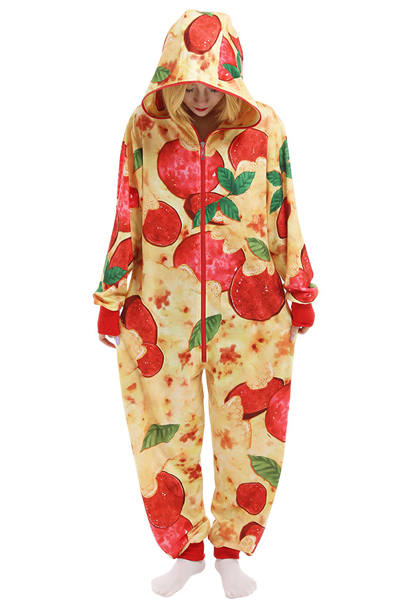 Cartoon Cute Pizza Pattern Pajamas One-Piece Onesie Long Sleeve Hooded Sleepwear Cosplay Costume Outfits