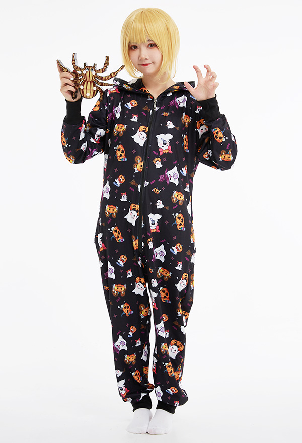 Damen Dunkler Stil Kürbis Geist Muster Kawaii Overall mit Kapuzen Pyjamas Onesie Homewear Kigurumi Jumpsuit Kostüm Halloween Kostüm