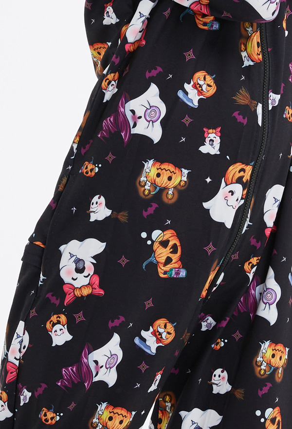 Damen Dunkler Stil Kürbis Geist Muster Kawaii Overall mit Kapuzen Pyjamas Onesie Homewear Kigurumi Jumpsuit Kostüm Halloween Kostüm