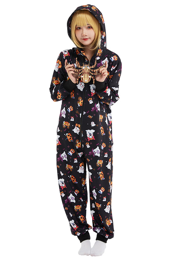 Damen Dunkler Stil Kürbis Geist Muster Kawaii Overall mit Kapuzen Pyjamas Onesie Homewear Kigurumi Jumpsuit Kostüm Halloween Kostüm