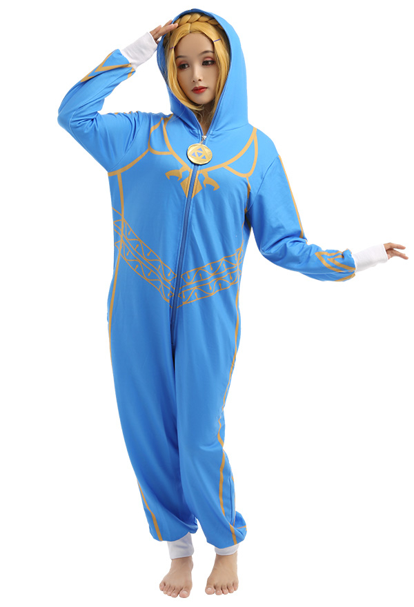 Women Princess Zelda Pattern Print Hooded Onesie Pajamas Loungewear Adults Onesie Homewear Kigurumi Costume Outfits