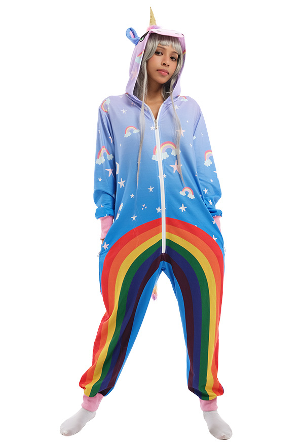 Regenbogen Einhorn Damen Erwachsene Overall mit Kapuzen Pyjamas Onesie Homewear Kigurumi Jumpsuit Kostüm Cosplay Halloween Anzug