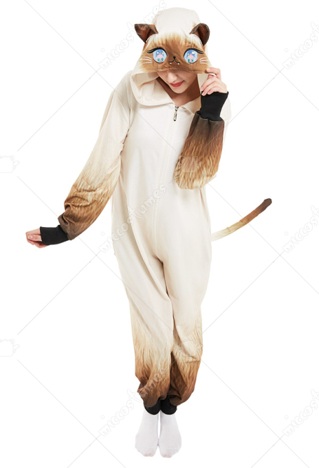 Damen Siamesische Katze Onesie Pyjama Bodysuit Homewear mit Kapuzen Lange Arm Kigurumi