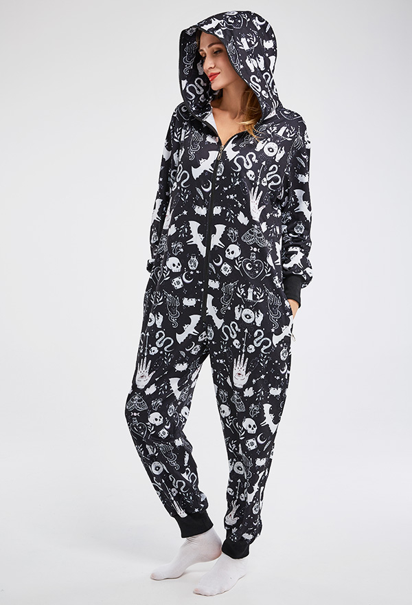 Women Halloween Onesie Pajama - Kawaii Cat Style Print Adult Hooded  Homewear Kigurumi Sleepwear