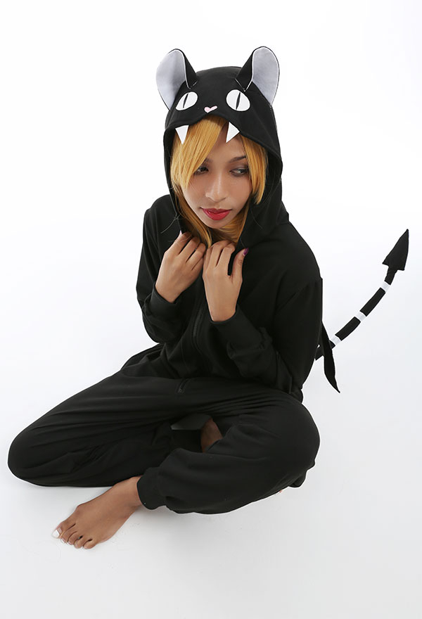 Damen Hexen Katze Schwarz Onesie Overall mit Kapuzen Homewear Kigurumi Pyjamas Lange Arm Jumpsuit Kostüm Cosplay Halloween Anzug