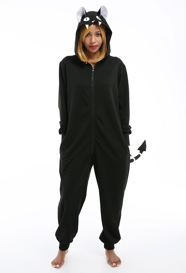 Damen Hexen Katze Schwarz Onesie Overall mit Kapuzen Homewear Kigurumi Pyjamas Lange Arm Jumpsuit Kostüm Cosplay Halloween Anzug