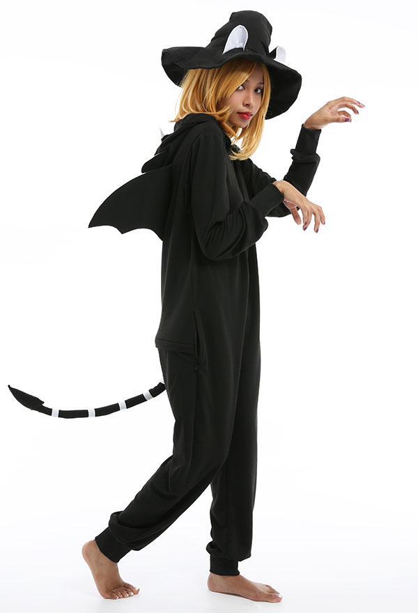 Damen Hexen Katze Schwarz Onesie Overall mit Kapuzen Homewear Kigurumi Pyjamas Lange Arm Jumpsuit Kostüm Cosplay Halloween Anzug