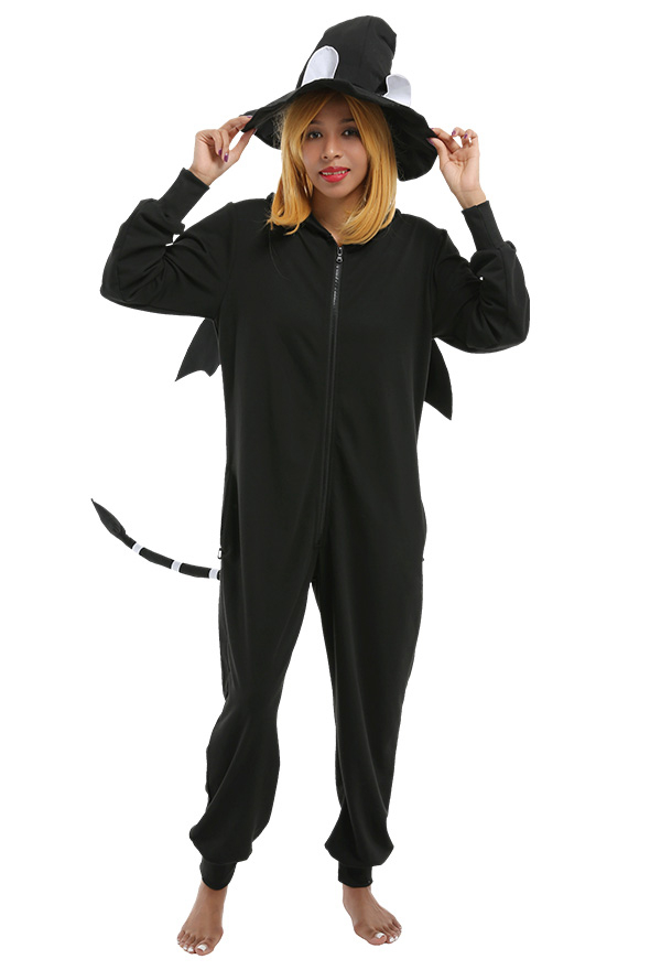 Damen Hexen Katze Schwarz Onesie Overall mit Kapuzen Homewear Kigurumi Pyjamas Lange Arm Jumpsuit Kostüm Cosplay Halloween Anzug