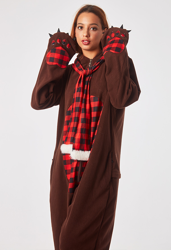 Teddy Bear Christmas Onesie Red and Black Plaid Onesie Pajama Women Adult Long Sleeve Hooded Kigurumi Costume Outfits for Sale