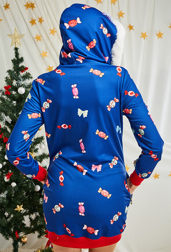 Weihnachten Damen Süssigkeit Onesie Homewear Kigurumi Kleid mit Kapuzen Pyjamas Lange Arm Kleid Kostüm