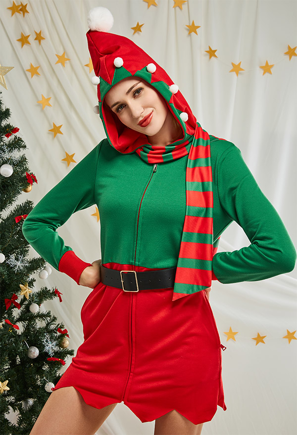 Damen Elfen Weihnachten Onesie Homewear Kigurumi Overall mit Kapuzen Pyjamas Jumpsuit Cosplay Kostüm