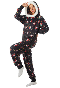 Women Adult Christmas Hip Hop Santa Claus Pattern Onesie Pajama Long Sleeve Hooded Kigurumi Homewear Costume Outfits
