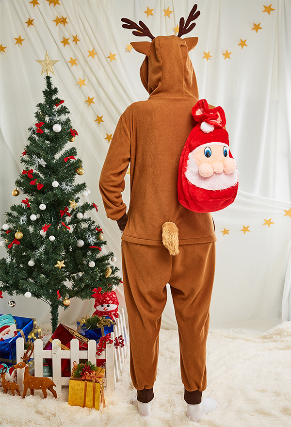 Mujer Mameluco de Navidad Diseño de Reno Pijama de Mameluco Adulto Traje de Noche Kigurumi con Capucha de Manga Larga