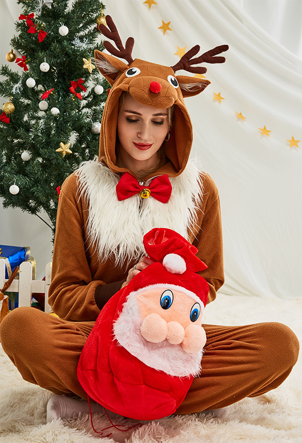 Weihnachten Rentier Onesie Homewear Kigurumi Overall mit Kapuzen Pyjamas Jumpsuit Weihnachten Cosplay Kostüm