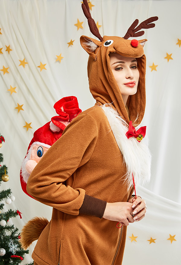 Mujer Mameluco de Navidad Diseño de Reno Pijama de Mameluco Adulto Traje de Noche Kigurumi con Capucha de Manga Larga