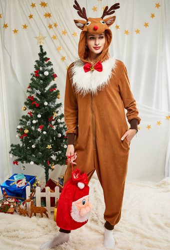 Mujer Mameluco de Navidad Diseño de Reno Pijama de Mameluco Adulto Traje de Noche Kigurumi con Capucha de Manga Larga