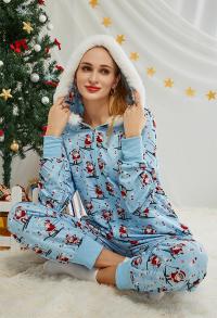 Women Adult Christmas Skiing Santa Claus Pattern Onesie Pajama Long Sleeve Hooded Kigurumi Homewear Costume Outfits