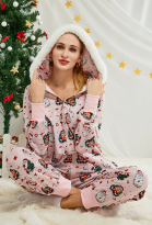 Christmas Women Cartoon Santa Claus Pattern Print Hooded Onesie Pajamas Loungewear Adult Onesie Homewear Kigurumi Polar Fleece Costume Outfits