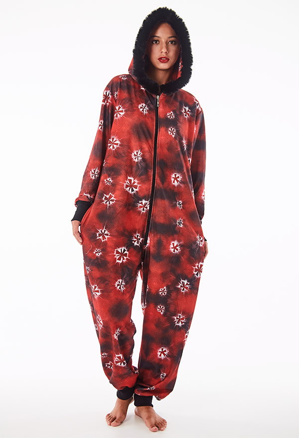 Red and Black Tie dye Printed Onesie Pajama Women Christmas