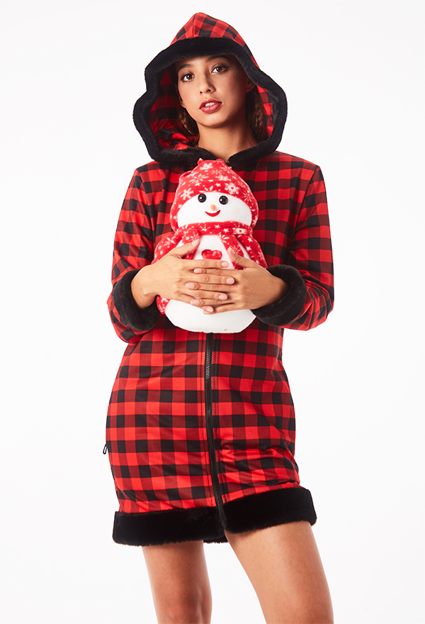 Black and Red Check Pattern Hooded Nightdress - Christmas Women Long Sleeve  Adults Sleep Dress Kigurumi | Outfits for Sale