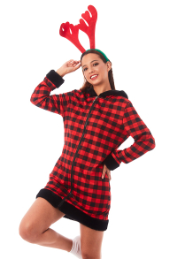 Christmas Women Black and Red Check Pattern Hooded Nightdress Long Sleeve Adults Sleep Dress Kigurumi Costume Outfits